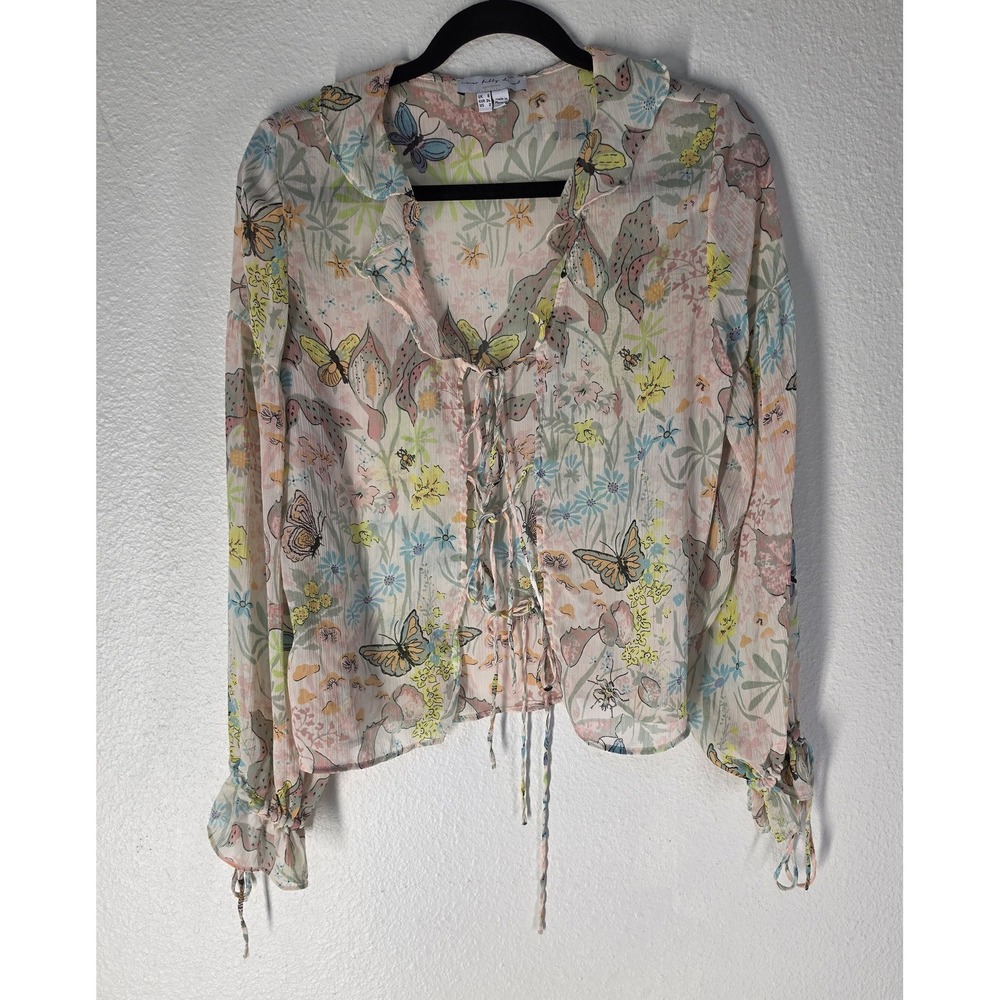 Never Fully Dressed Blouse Size 2 Floral Butterfly Ruffle Boho Open Front Sheer
